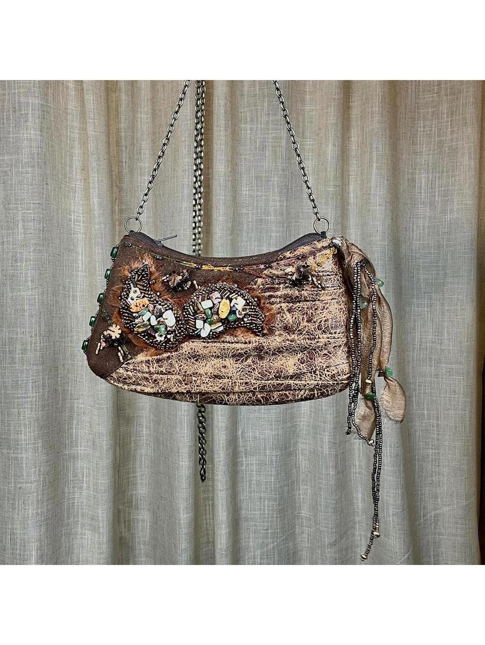 Mary Frances Brown Beaded Mini Bag